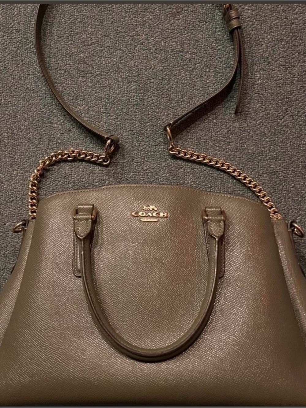 COACH Olive Brown Leather Satchel with Chain Strap